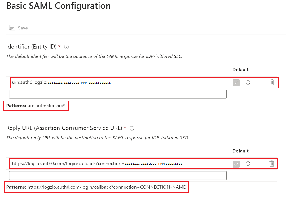 Basic SAML 構成設定のスクリーンショット。