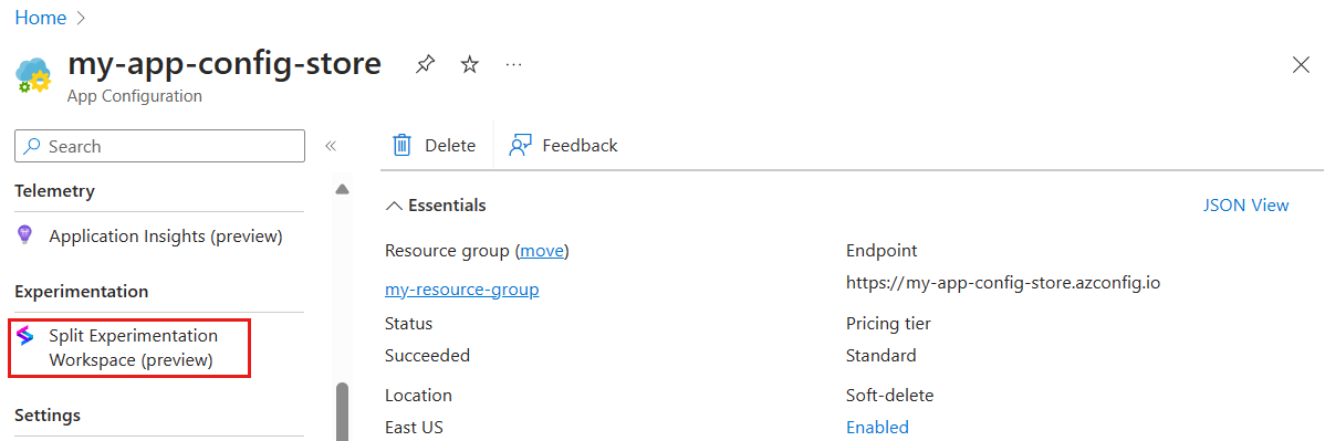 App Configuration ストアの左側のメニューからリソースを検索している、Azure portal のスクリーンショット。