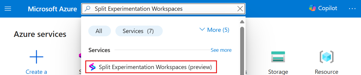 Azure portal のスクリーンショット。検索バーから Split Experimentation Workspace を検索しています。