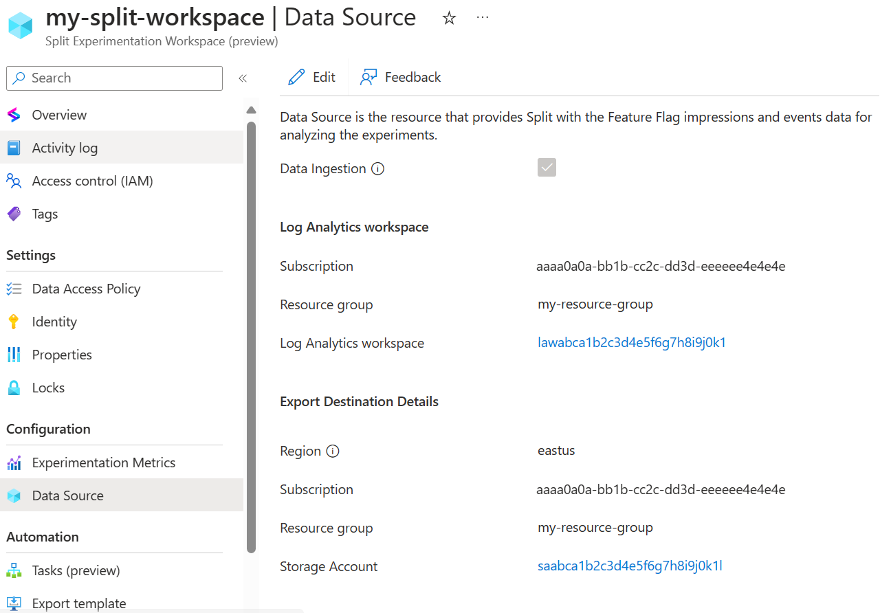 実験に使用されるデータ ソースを示す Azure portal のスクリーンショット。