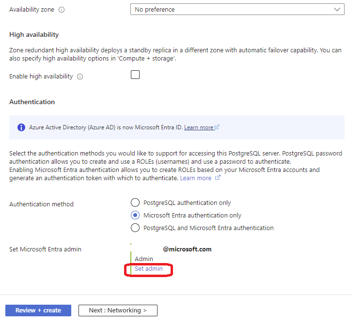 サーバーのプロビジョニング中に Microsoft Entra 管理者を設定するための選択を示すスクリーンショット。]