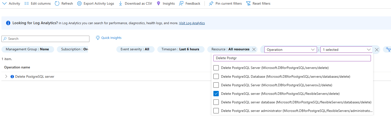 PostgreSQL サーバーの削除操作のためにフィルター処理されたアクティビティ ログを示すスクリーンショット。