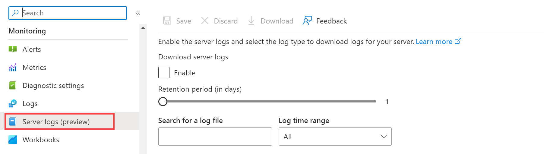 Azure Database for PostgreSQL フレキシブル サーバーのログを示すスクリーンショット。