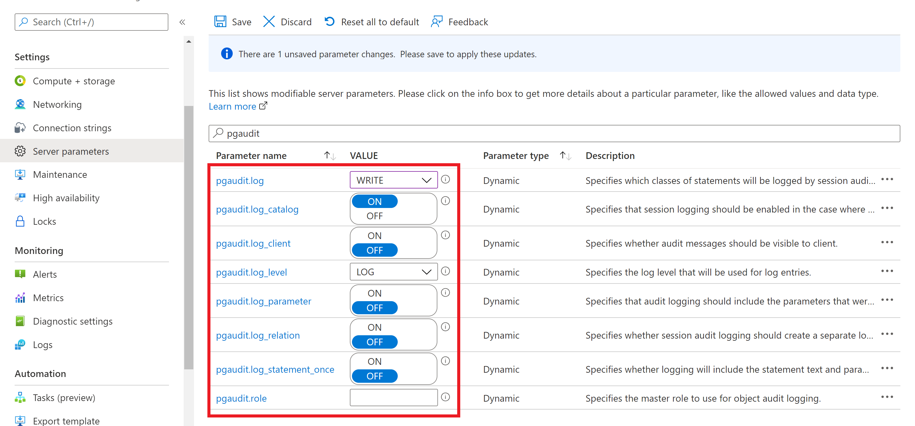 pgAudit を使用した Azure Database for PostgreSQL の構成を示すスクリーンショット。