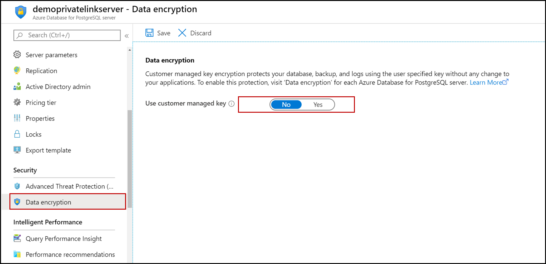 [データの暗号化] が強調表示されている Azure Database for PostgreSQL のスクリーンショット