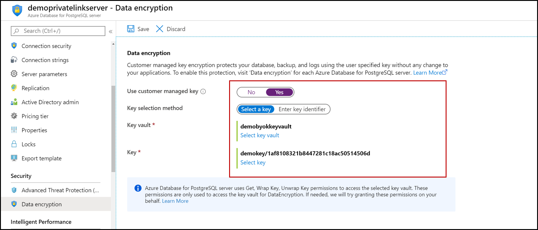 データの暗号化のオプションが強調表示されている Azure Database for PostgreSQL のスクリーンショット