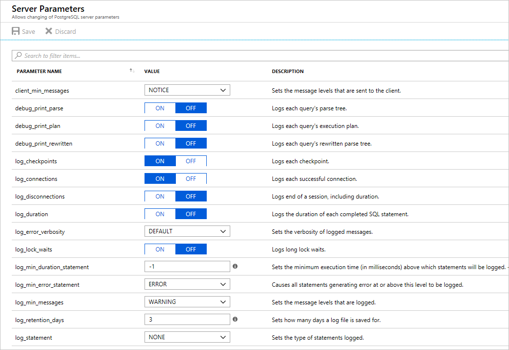 Azure Database for PostgreSQL - ログ パラメーター