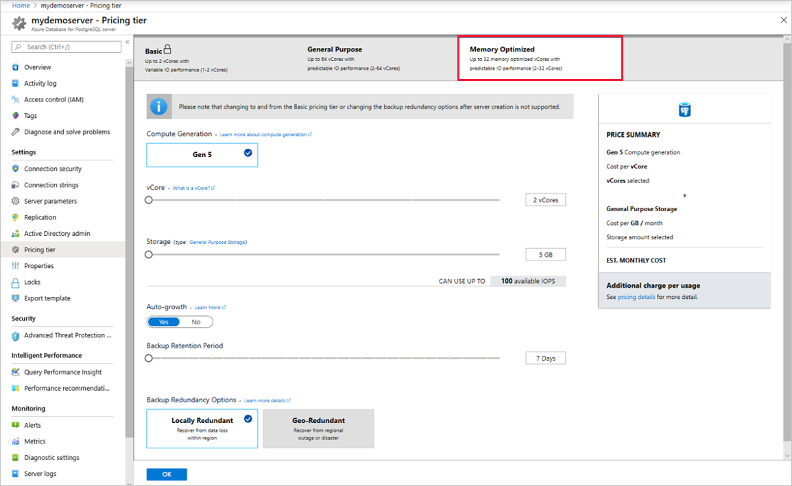 Azure Database for PostgreSQL で Basic、汎用、メモリ最適化というサービス レベルを選択する際の Azure portal のスクリーンショット