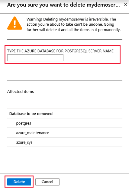Azure Database for PostgreSQL でサーバーの削除を確定する際の Azure portal のスクリーンショット
