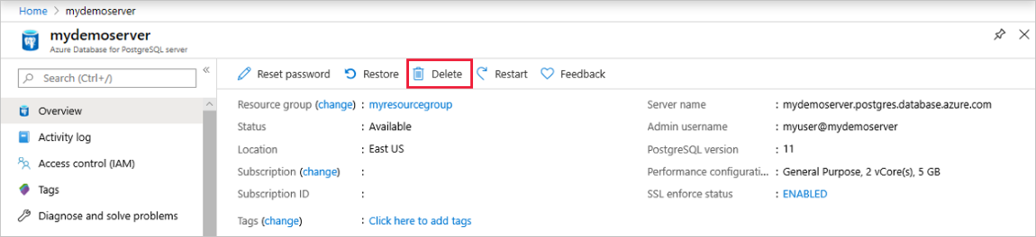 Azure Database for PostgreSQL でサーバーを削除する際の Azure portal のスクリーンショット