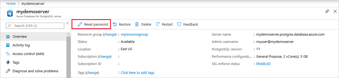 Azure Database for PostgreSQL でパスワードをリセットする際の Azure portal のスクリーンショット