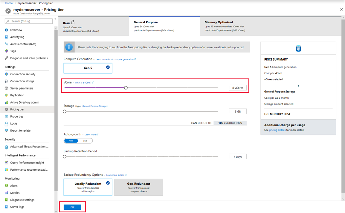 Azure Database for PostgreSQL で仮想コア オプションを選択する際の Azure portal のスクリーンショット