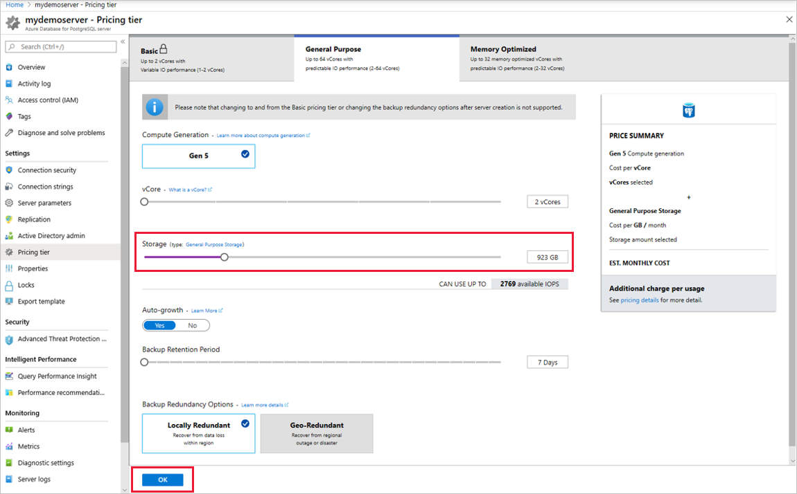 Azure Database for PostgreSQL でストレージ スケールを選択する際の Azure portal のスクリーンショット