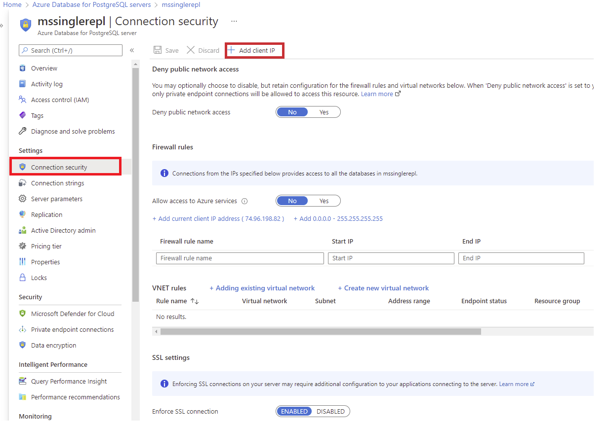 Azure portal - [接続のセキュリティ] を選択します