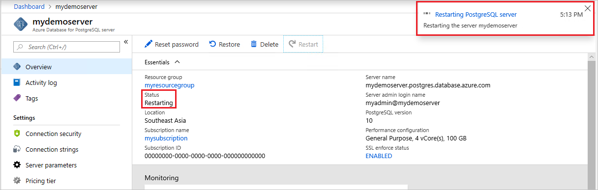 Azure Database for PostgreSQL - 再起動状態