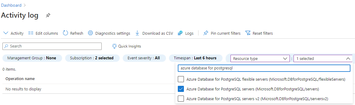 PostgreSQL サーバーの削除操作のためにフィルター処理されたアクティビティ ログ