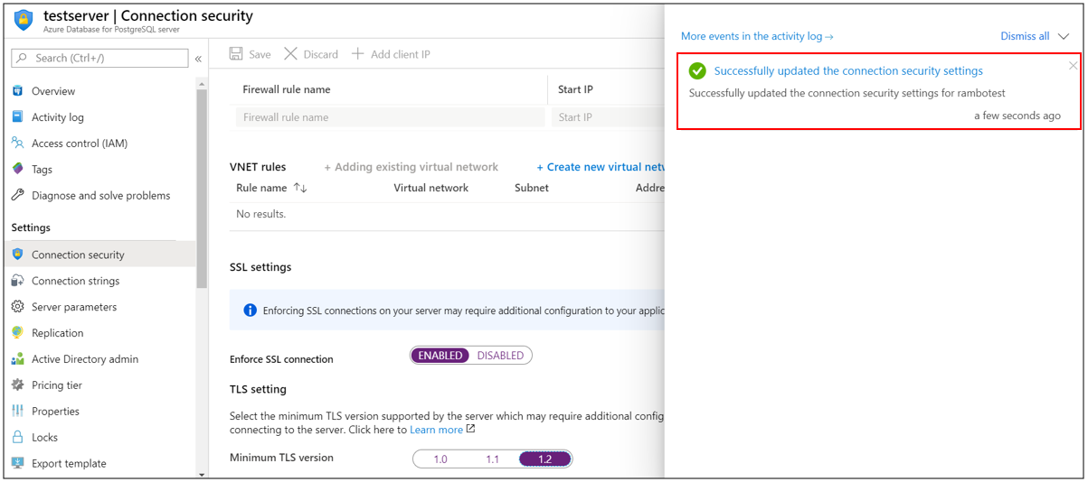 Azure Database for PostgreSQL Single Server の TLS 構成 (成功)