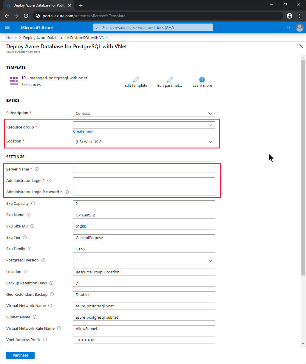 [Deploy Azure Database for PostgreSQL with VNet]\(VNet を使用して Azure Database for PostgreSQL をデプロイする\) ウィンドウ、Azure クイックスタート テンプレート、Azure portal