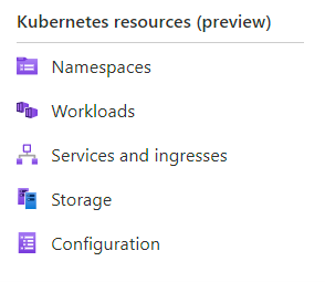 名前空間、ワークロード、サービスとイングレス、ストレージと構成のオプションが表示されているKubernetes リソース (プレビュー) メニューのスクリーンショット。