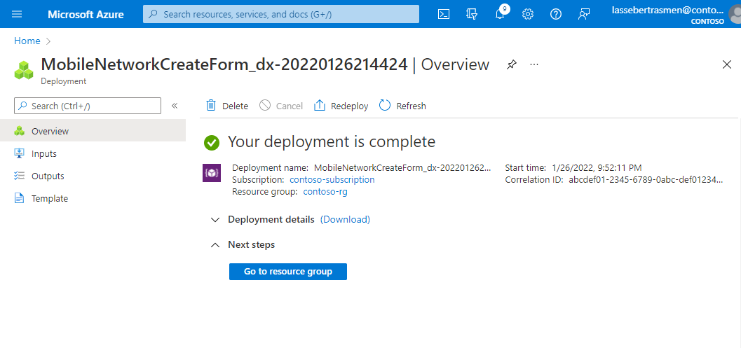 プライベート モバイル ネットワークが正常に作成された確認を示す Azure portal のスクリーンショット。