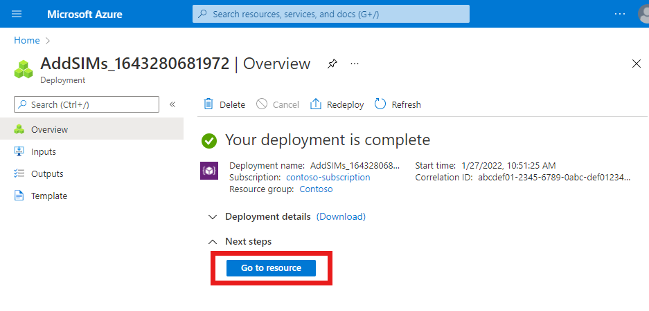 Azure portal のスクリーンショット。SIM リソースのデプロイが完了したことが示されており、[リソースに移動] ボタンが表示されています。