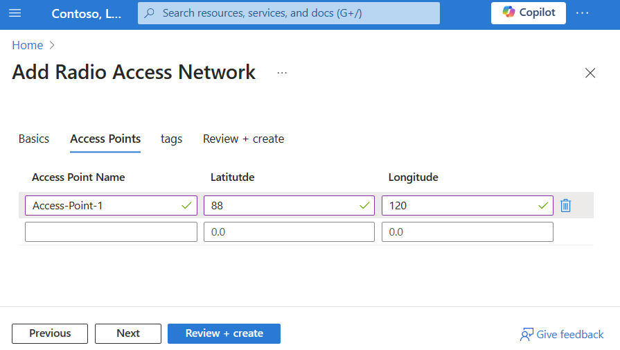 作成中に RAN リソースの [アクセス ポイント] タブが表示されている Azure portal のスクリーンショット。