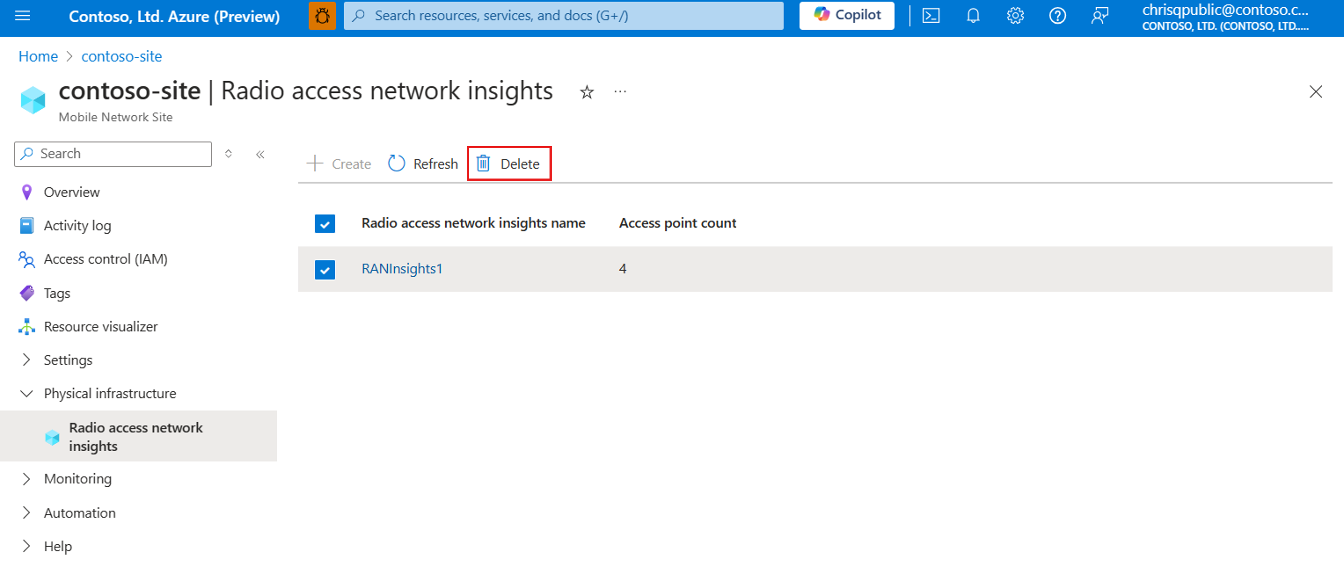 サイト リソースでの RAN 分析情報リソースの削除を示す Azure portal のスクリーンショット。
