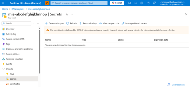 キー コンテナーに対して操作が許可されていないことを示す Azure portal のスクリーンショット。