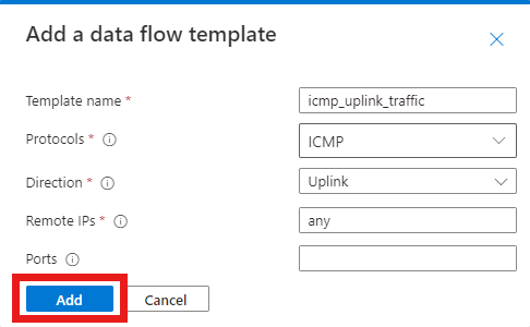 Azure portal のスクリーンショット。[Add a data flow template] (データ フロー テンプレートの追加) ポップアップが表示されていて、[追加] ボタンが強調表示されています。