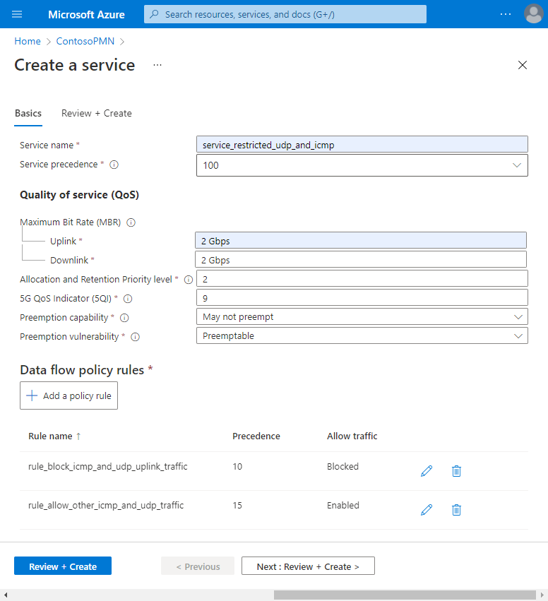 Azure portal のスクリーンショット。すべてのフィールドが正しく入力され、2 つのデータ フロー ポリシー規則がある [サービスの作成] 画面が表示されています。