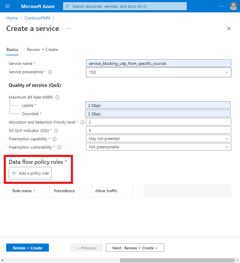 Azure portal のスクリーンショット。トラフィック ブロック構成を含む [サービスの作成] 画面が表示されています。[Add a policy rule] (ポリシー規則の追加) ボタンが強調表示されています。