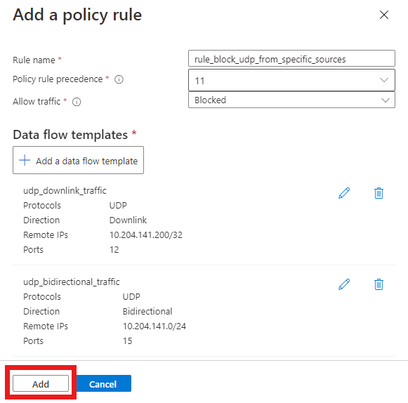 Azure portal のスクリーンショット。[Add a policy rule] (ポリシー規則の追加) 画面が表示されており、そこに特定の UDP トラフィックをブロックする規則の構成が表示されています。