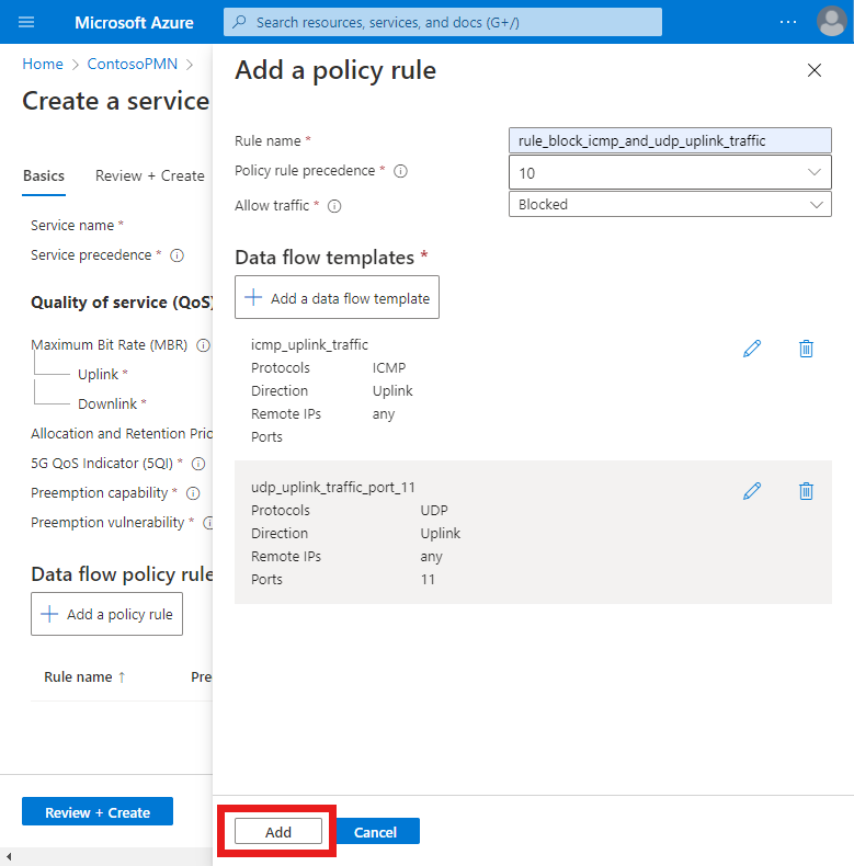 Azure portal のスクリーンショット。プロトコル フィルタリングの構成を含む [Add a policy rule] (ポリシー規則の追加) 画面が表示されていて、[追加] ボタンが強調表示されています。