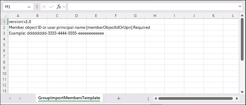 GroupImportMembersTemplate CSV を示すスクリーン ショット。