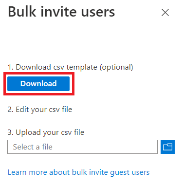 ユーザー一括招待 CSV テンプレートをダウンロードする方法を示すスクリーン ショット。