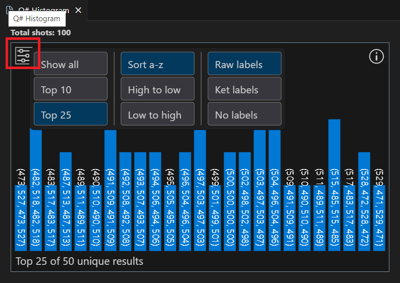 Visual Studio Code の [ Q# ヒストグラム] ウィンドウのスクリーンショット。設定を表示する方法が示されています。