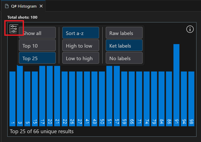 Visual Studio Code の [ Q# ヒストグラム] ウィンドウのスクリーンショット。設定を表示する方法が示されています。