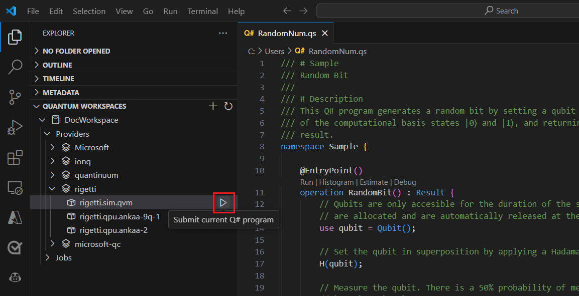 targetとして Rigetti シミュレーターを実行する方法を示す Visual Studio Code のスクリーンショット。