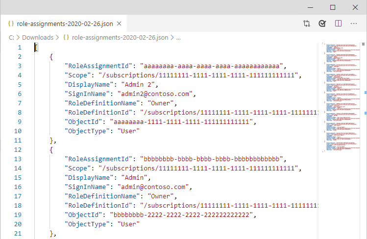 ダウンロードされた JSON 形式のロールの割り当てのスクリーンショット。