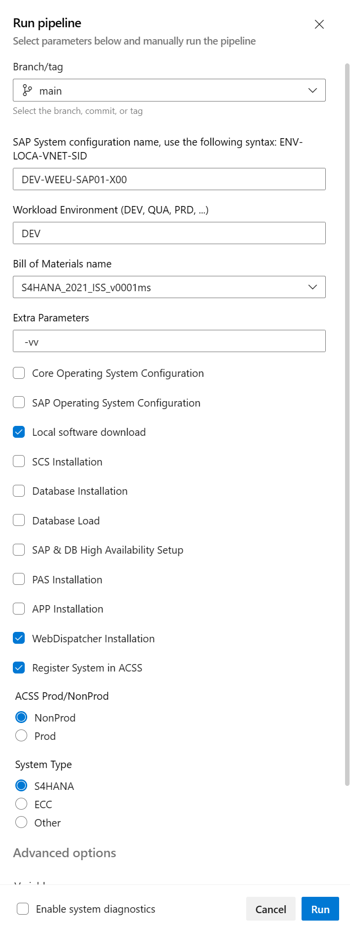 DevOps チュートリアル、OS、SAP の構成を示すスクリーンショット。