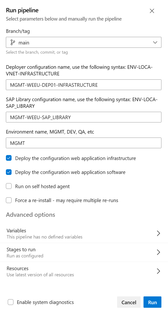 DevOps チュートリアルの [パイプラインの実行] ダイアログを示すスクリーンショット。