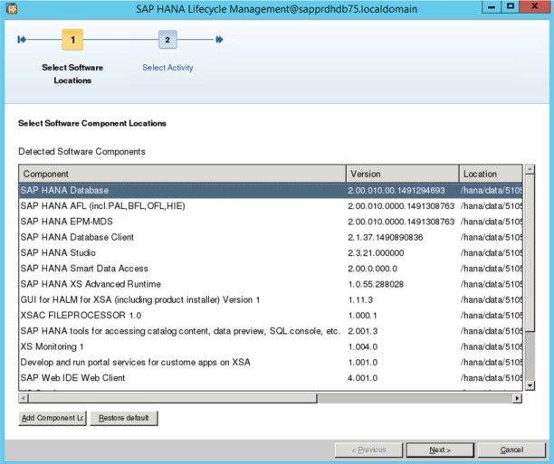 SAP HANA Lifecycle Management の画面のスクリーンショット。SAP HANA Database が選択されている。