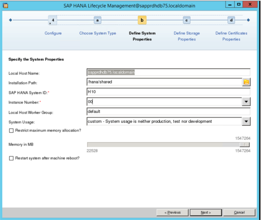 SAP HANA Lifecycle Management の画面のスクリーンショット。入力が必要なシステムのプロパティ欄が表示されている。