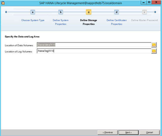 SAP HANA ライフサイクル管理画面のスクリーンショット (データ エリアとログ エリアのフィールド)