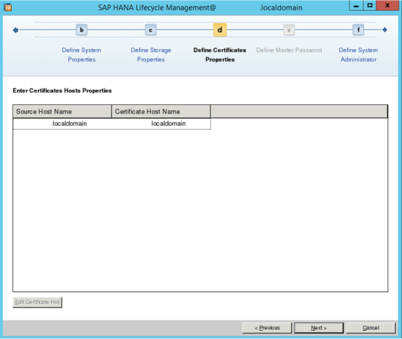 SAP HANA Lifecycle Management の画面のスクリーンショット。ホスト名が表示されている。