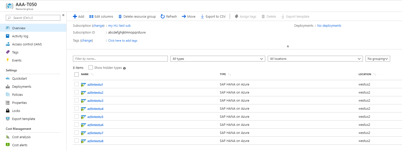 Azure portal の HLI 一覧