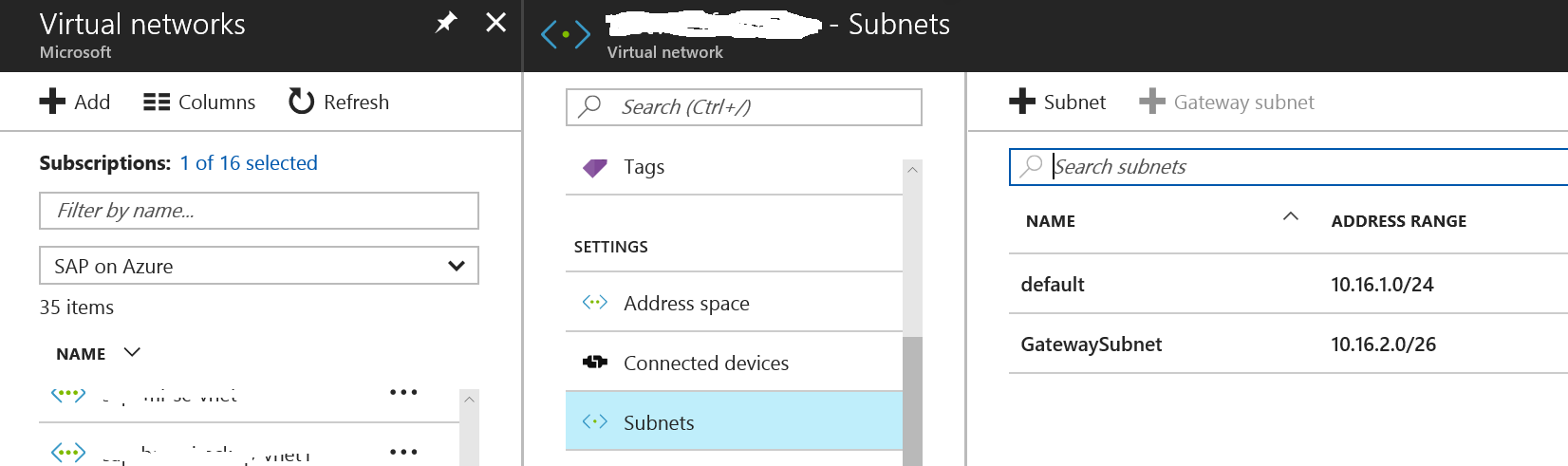 Azure 仮想ネットワークのサブネットとその IP アドレス範囲