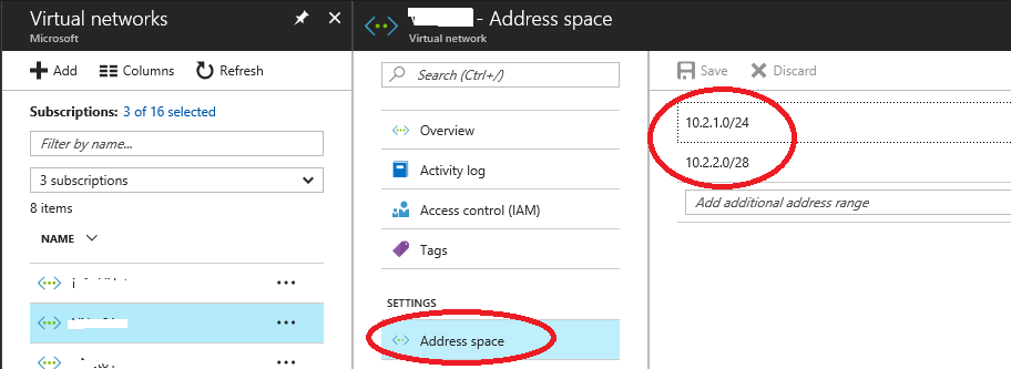 2 つの空間から成る Azure 仮想ネットワークのアドレス空間