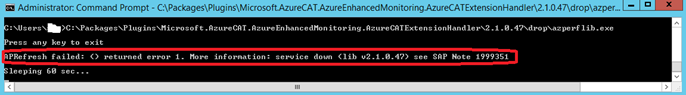 Azure Extension for SAP のサービスが実行されていないことを示す azperflib.exe の実行
