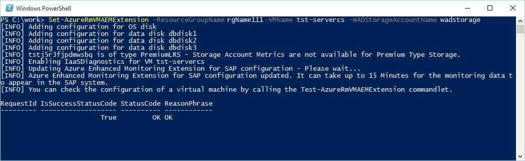 SAP 固有の Azure コマンドレット Set-AzVMAEMExtension の正常な実行